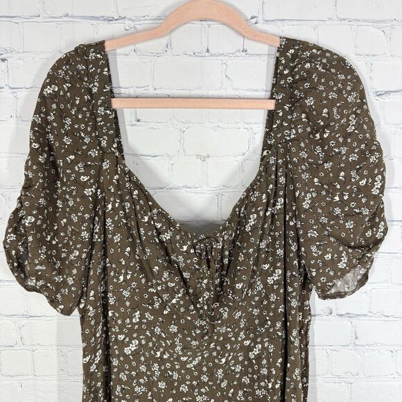 Cottage Milkmaid Midi Dress Women Plus 3X Brown Floral Puff Sleeve Prairie - Picture 3 of 14